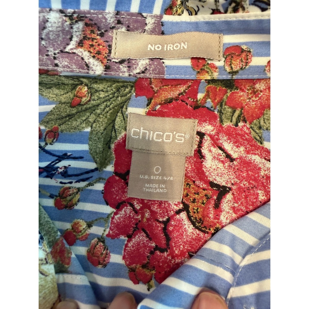 Chico's No Iron Floral Striped Button Down Tunic Top Blue‎ White Size 0 S 4/6 - Picture 6 of 7
